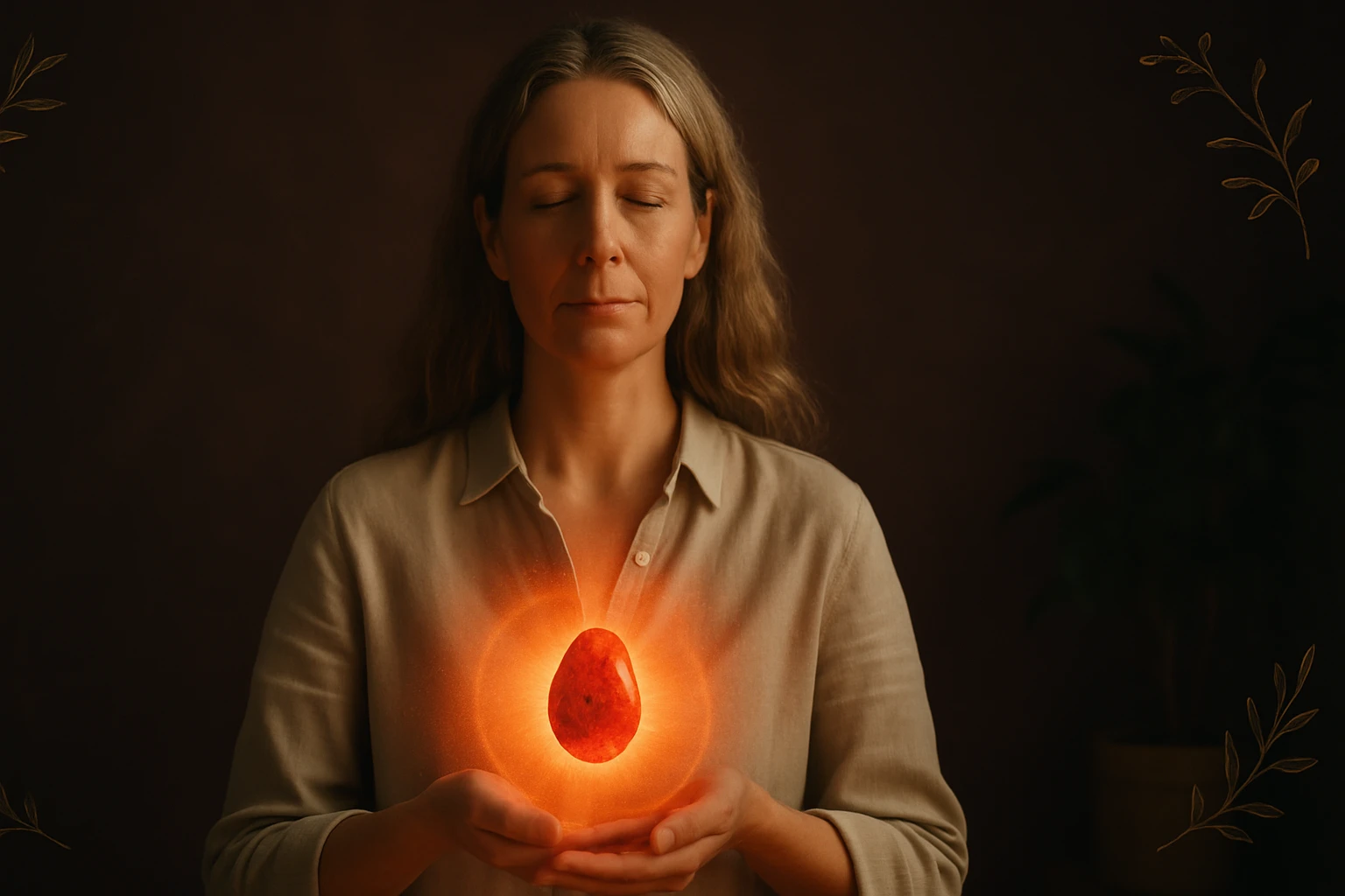 Egy nő meditál, kezében egy fénylő, vörös tojás formájú tárgyat tart.