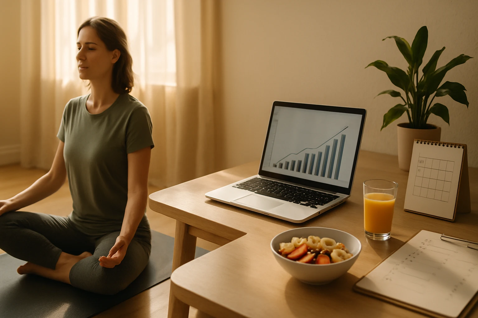 Egy nő meditál egy világos szobában, laptop és egészséges étkezés mellett.