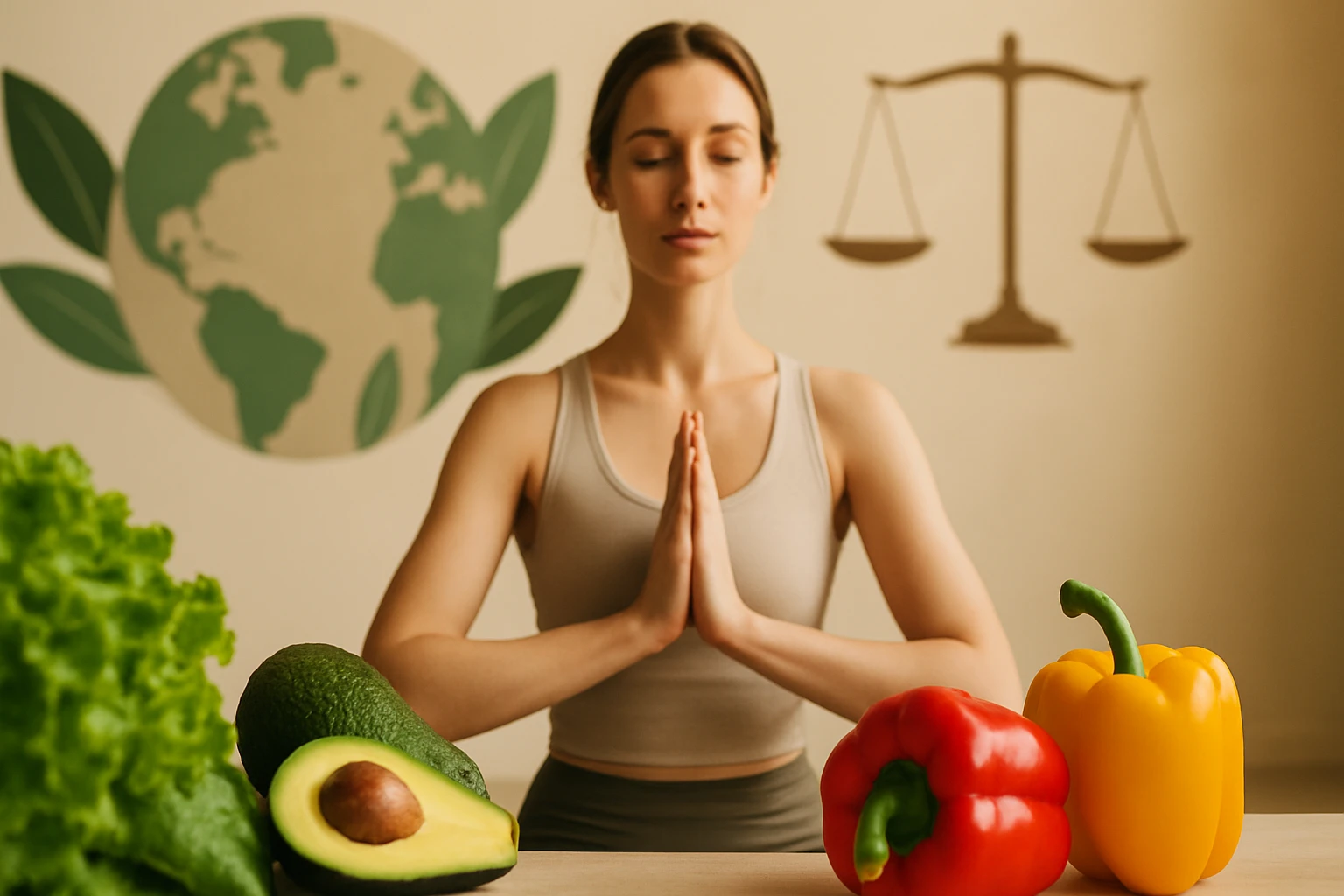 Egy fiatal nő meditál, miközben zöldségek, mint avokádó és paprika, láthatók előtte.