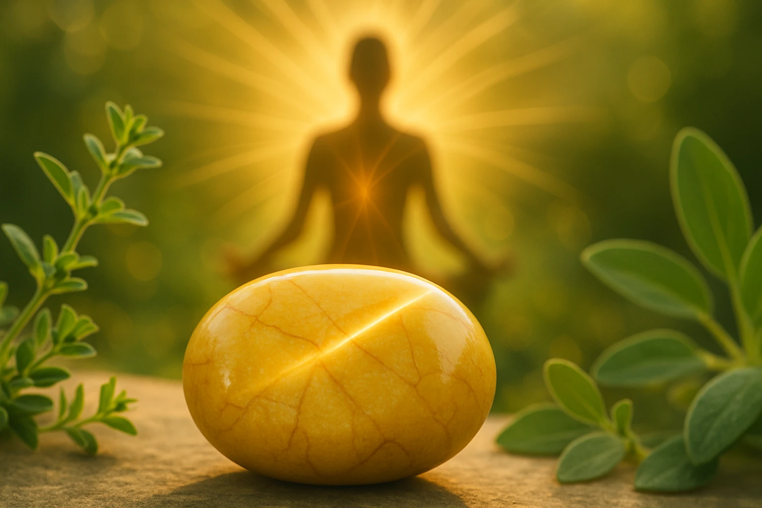 Egy sárga kő, háttérben meditáló alak, zöld növényekkel körülvéve.