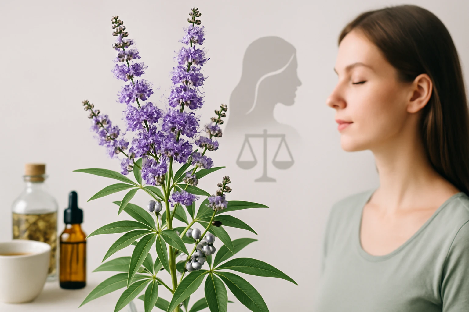 Egy nő meditál, mellette lila virágok és gyógynövények láthatók, háttérben egy női sziluett és mérleg.