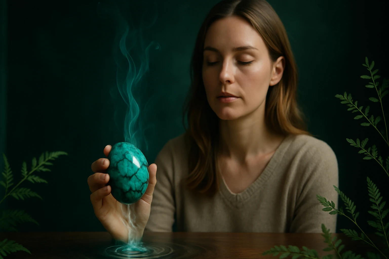 Egy nő meditál, miközben egy türkiz tojást tart a kezében, körülötte füst és zöld növények.