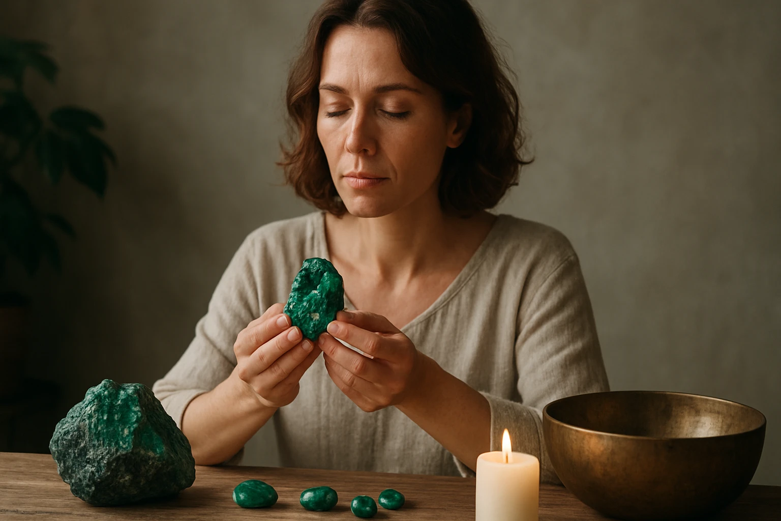 Egy nő zöld köveket tart a kezében, meditáló pózban ülve, gyertyafénynél.