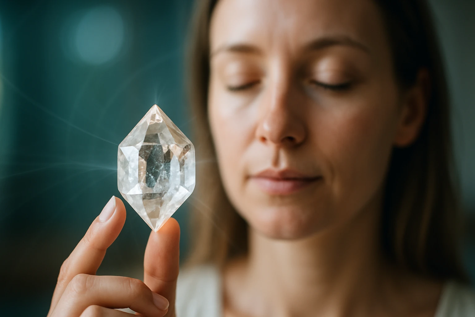 Egy nő, aki egy csiszolt kristályt tart a kezében, szemét lehunyva meditál.