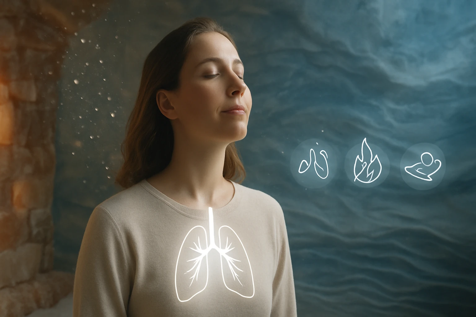 Egy fiatal nő meditál, miközben a mellkasán tüdőszimbólum látható, háttérben víz és fények.