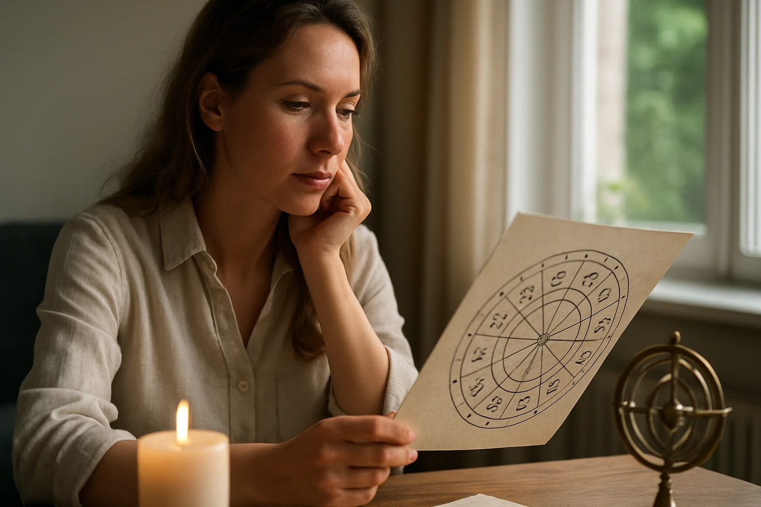 Egy nő figyelmesen nézi a papírlapot, amelyen egy kördiagram látható, gyertyafény mellett.