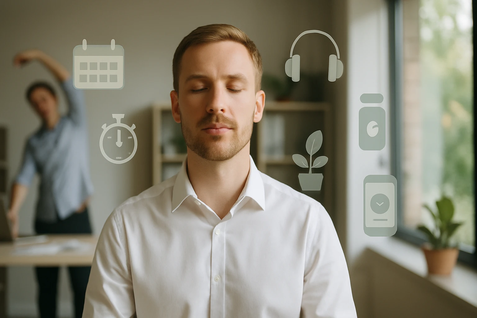 Egy férfi meditál, miközben különböző szimbólumok lebegnek körülötte, mint naptár, fejhallgató és növény.