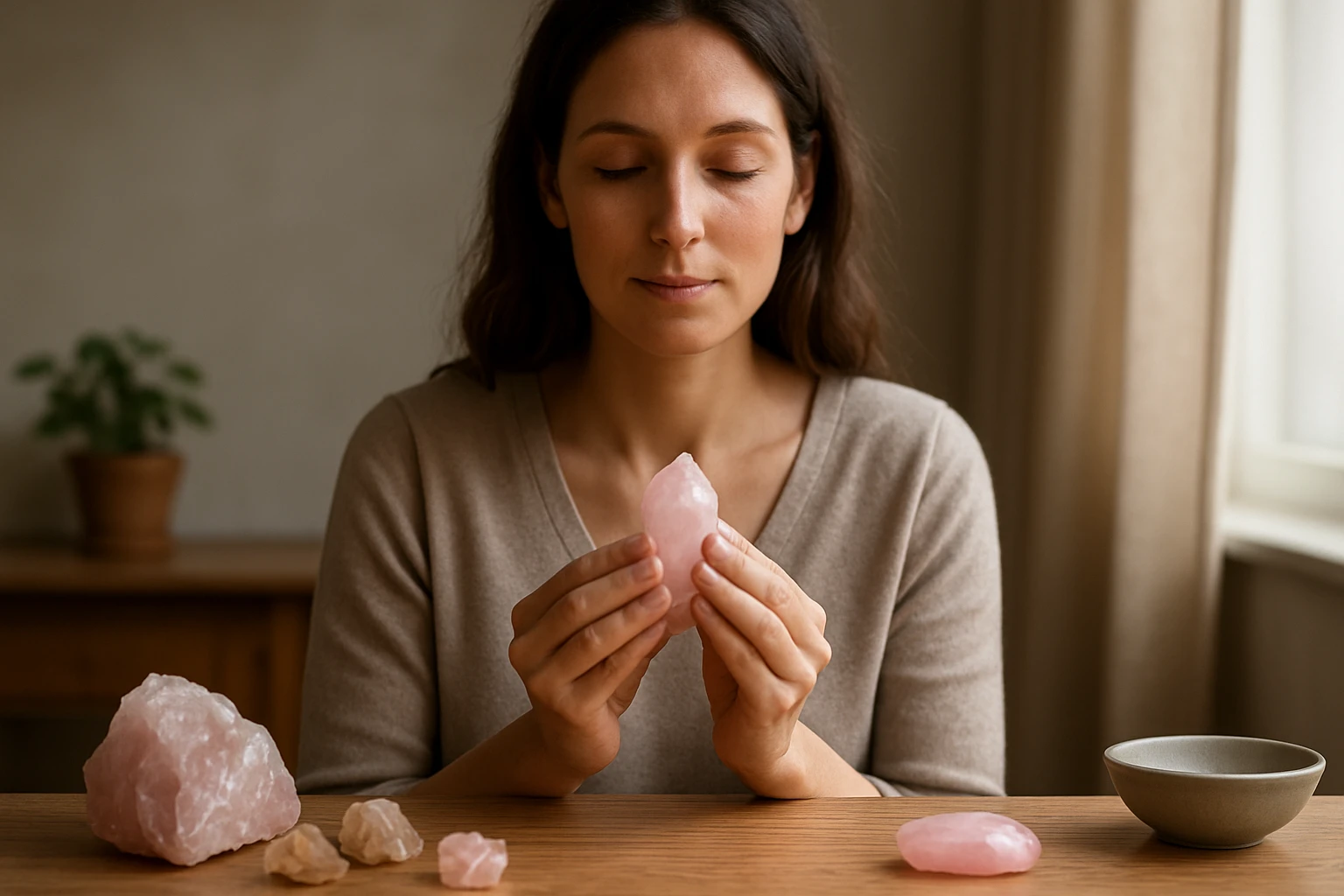 Egy nő rózsakvarc kristályt tart a kezében, meditáló pózban ülve.