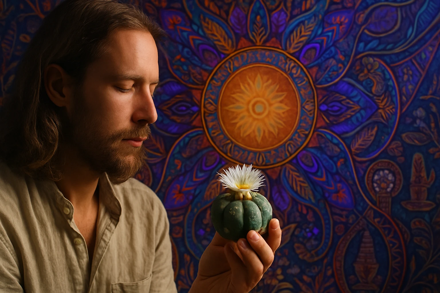 Egy férfi, aki egy kaktuszt tart a kezében, háttérben színes mandala mintával.