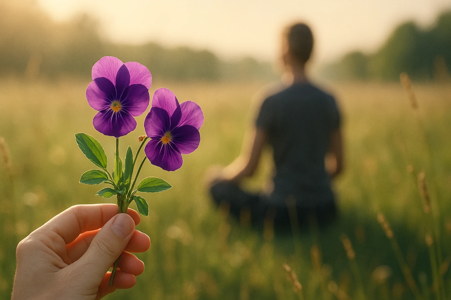 Egy kézben tartott lila virágok, háttérben egy meditáló személy a természetben.