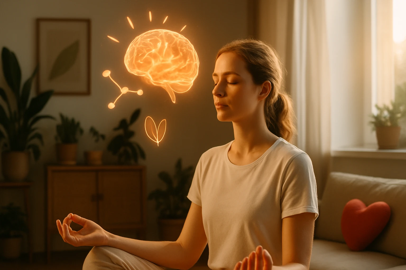 Egy fiatal nő meditál, miközben a feje fölött agy és szív szimbólumok lebegnek.