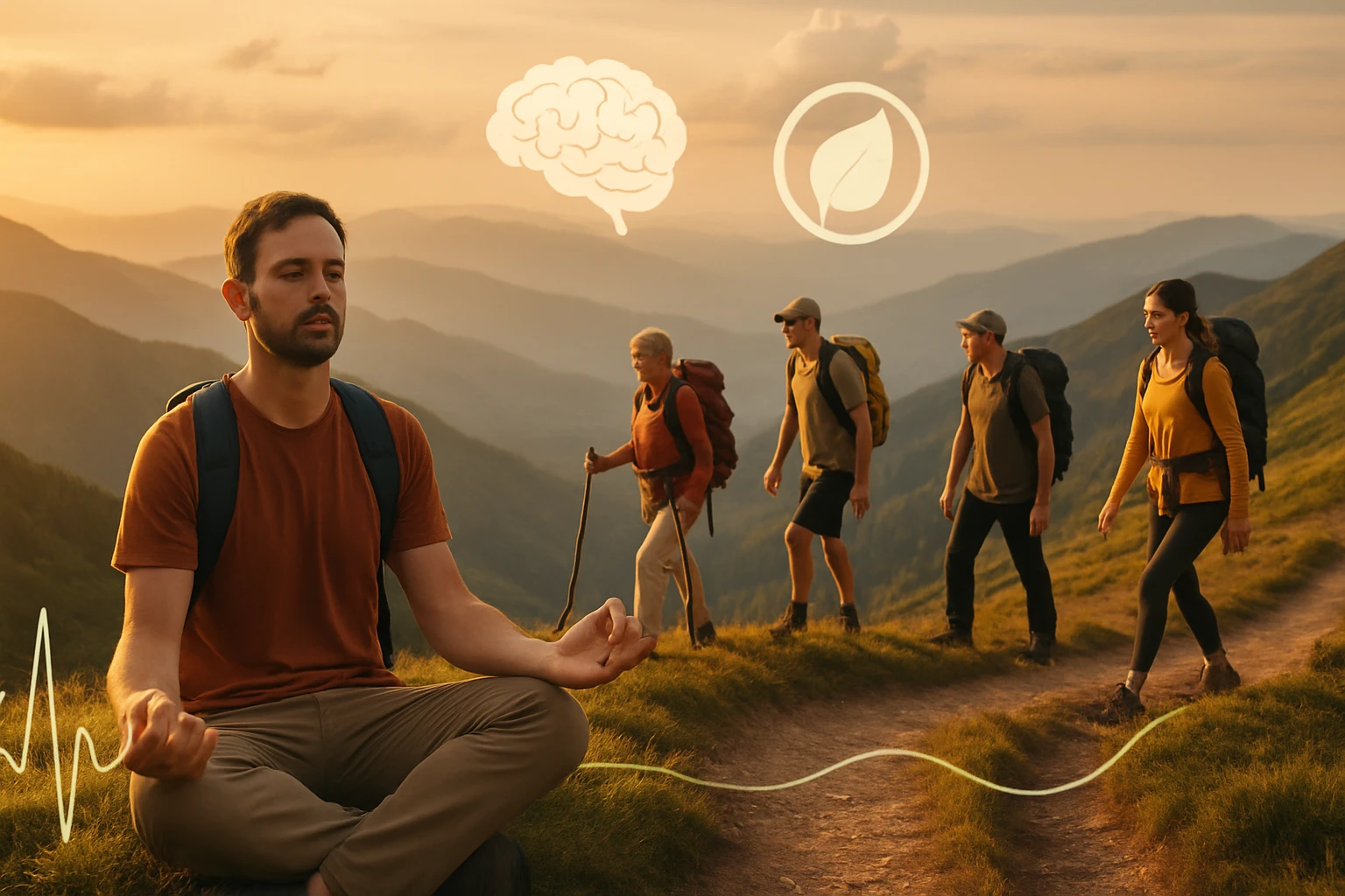 Egy férfi meditál a hegyekben, míg négy túrázó halad a háttérben.
