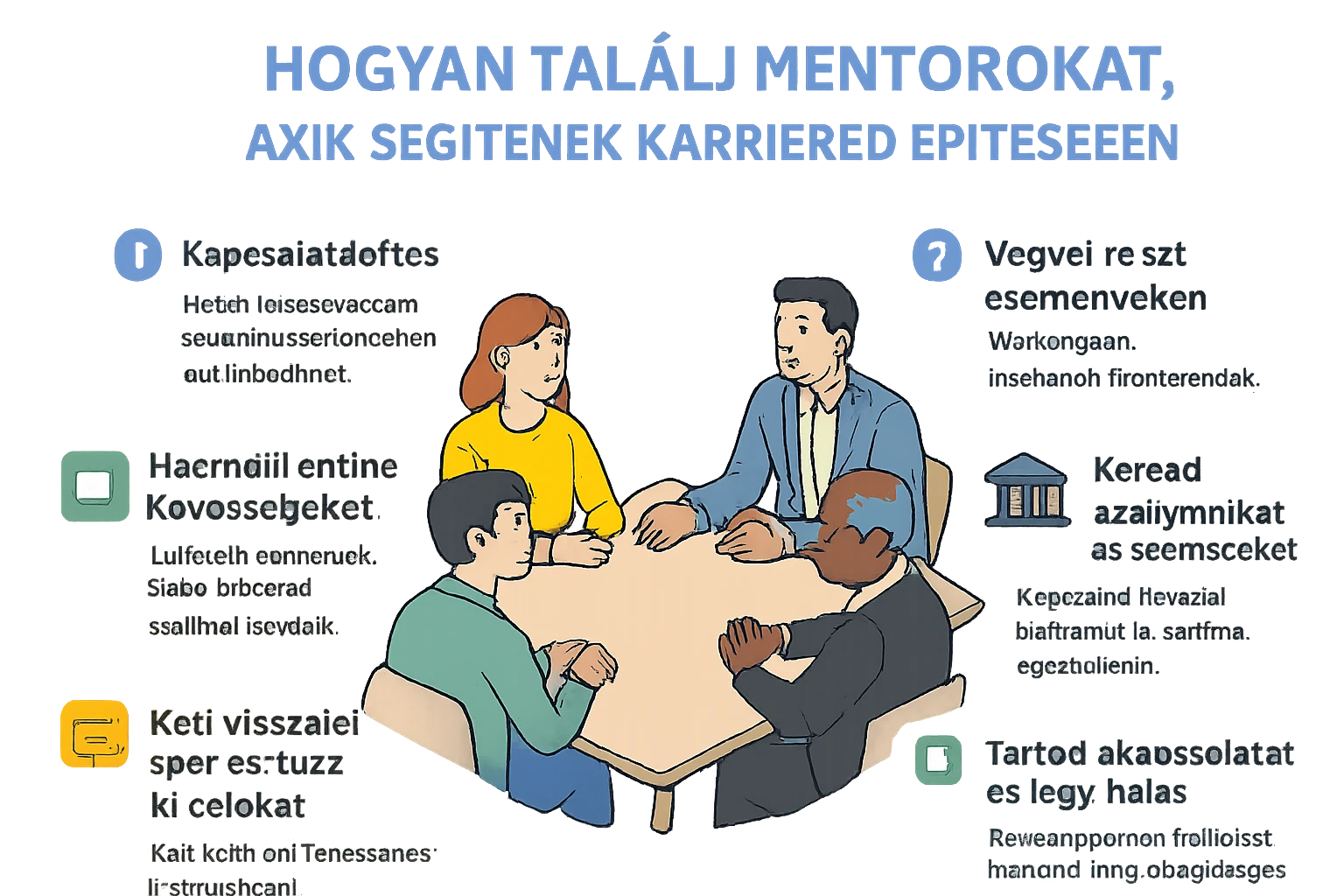 Négy ember ül egy asztalnál, beszélgetnek és ötleteket osztanak meg egymással.