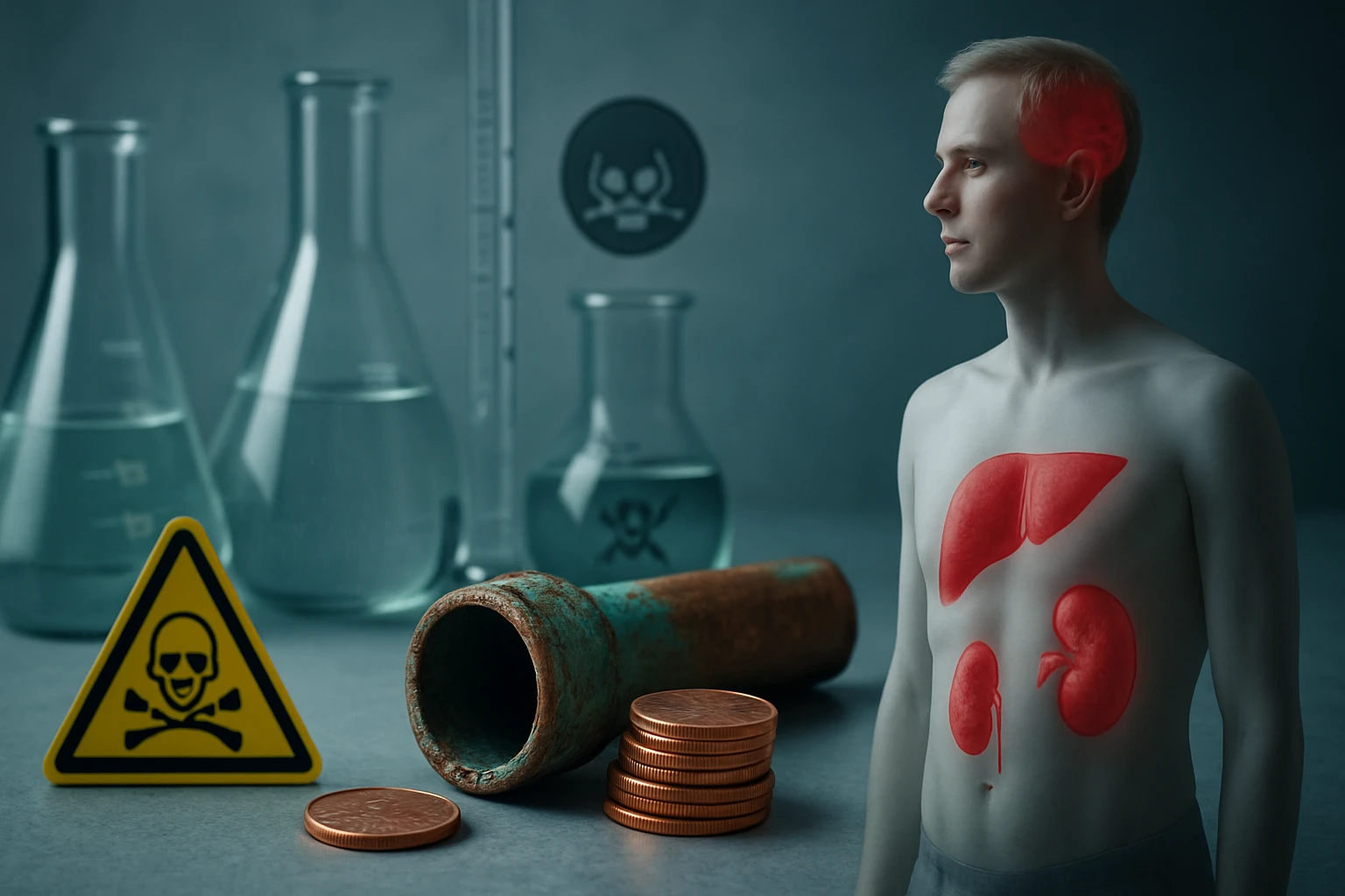 Egy férfi testén láthatóan kiemelt belső szervek, háttérben mérgező anyagokkal és figyelmeztető táblával.