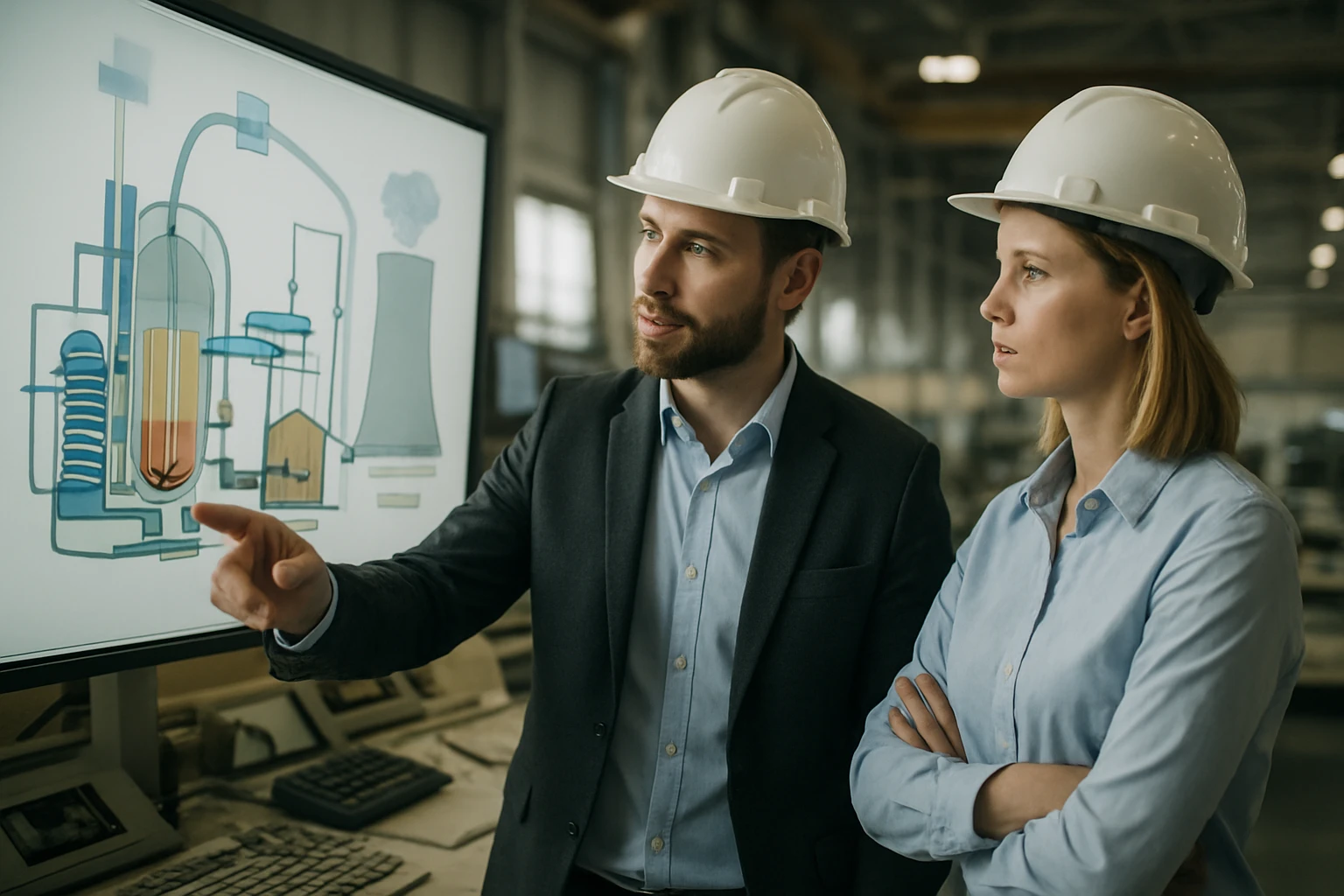 Két mérnök, fehér sisakban, egy diagramot néznek egy képernyőn.