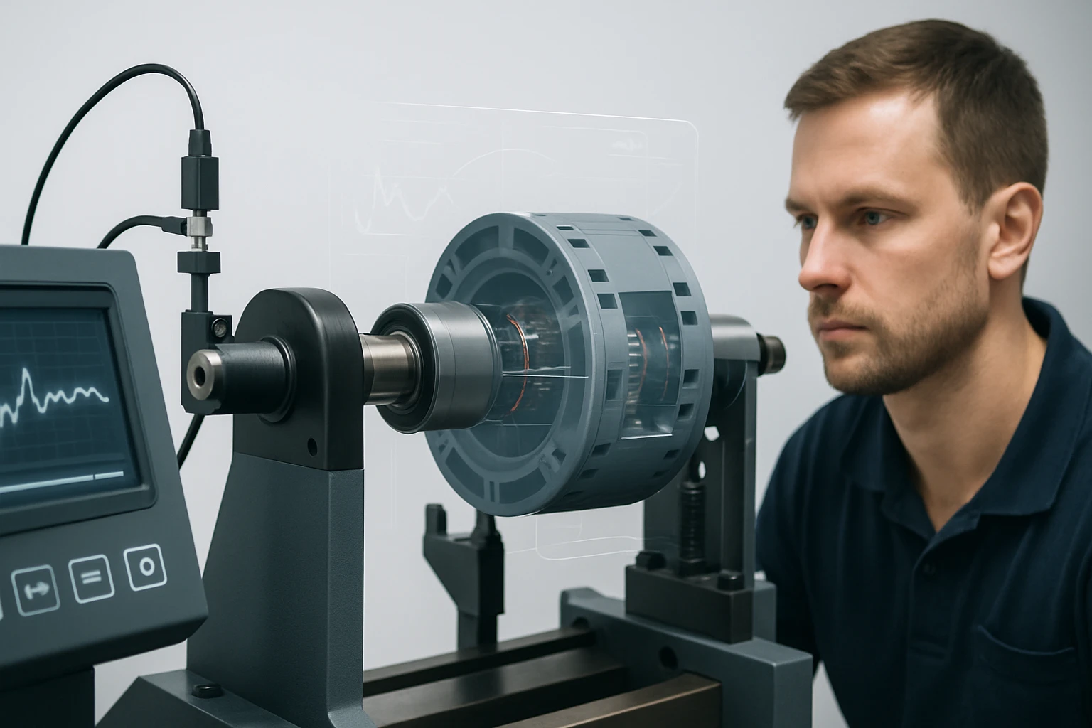 Egy mérnök figyeli a forgó gépelemek működését egy modern tesztelőberendezésen.