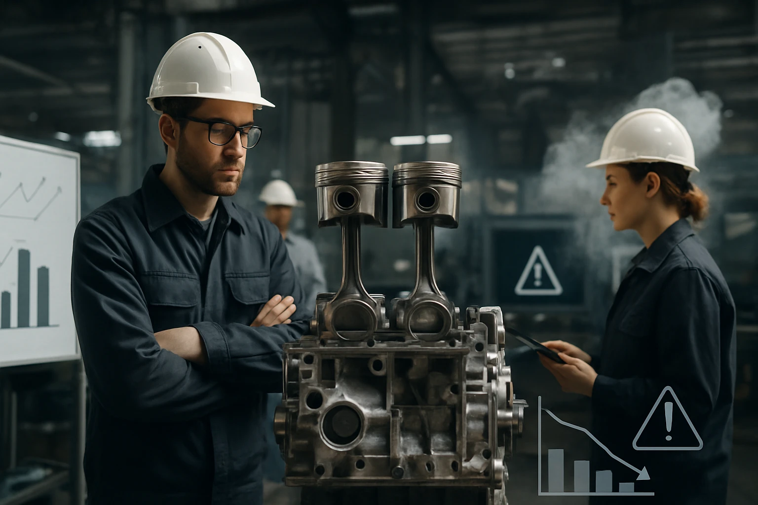 Két mérnök egy motorblokk mellett áll, az egyik gondolkodik, a másik táblagépet használ.