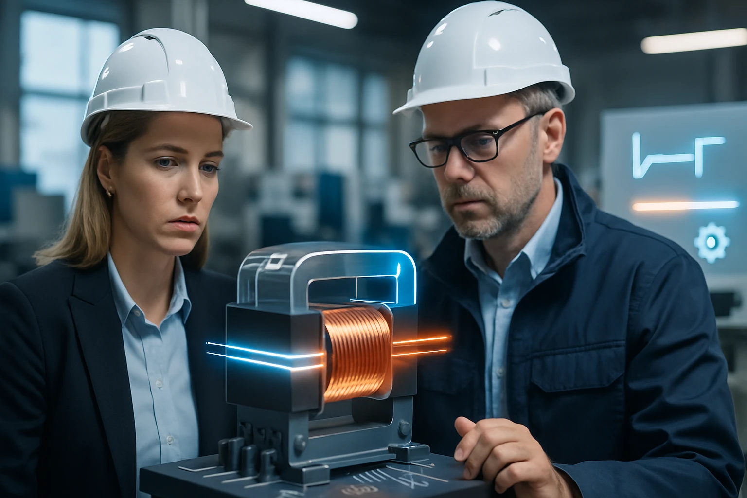 Két mérnök, fehér sisakban, egy elektromos tekercset vizsgál, figyelmesen elemzik a berendezést.