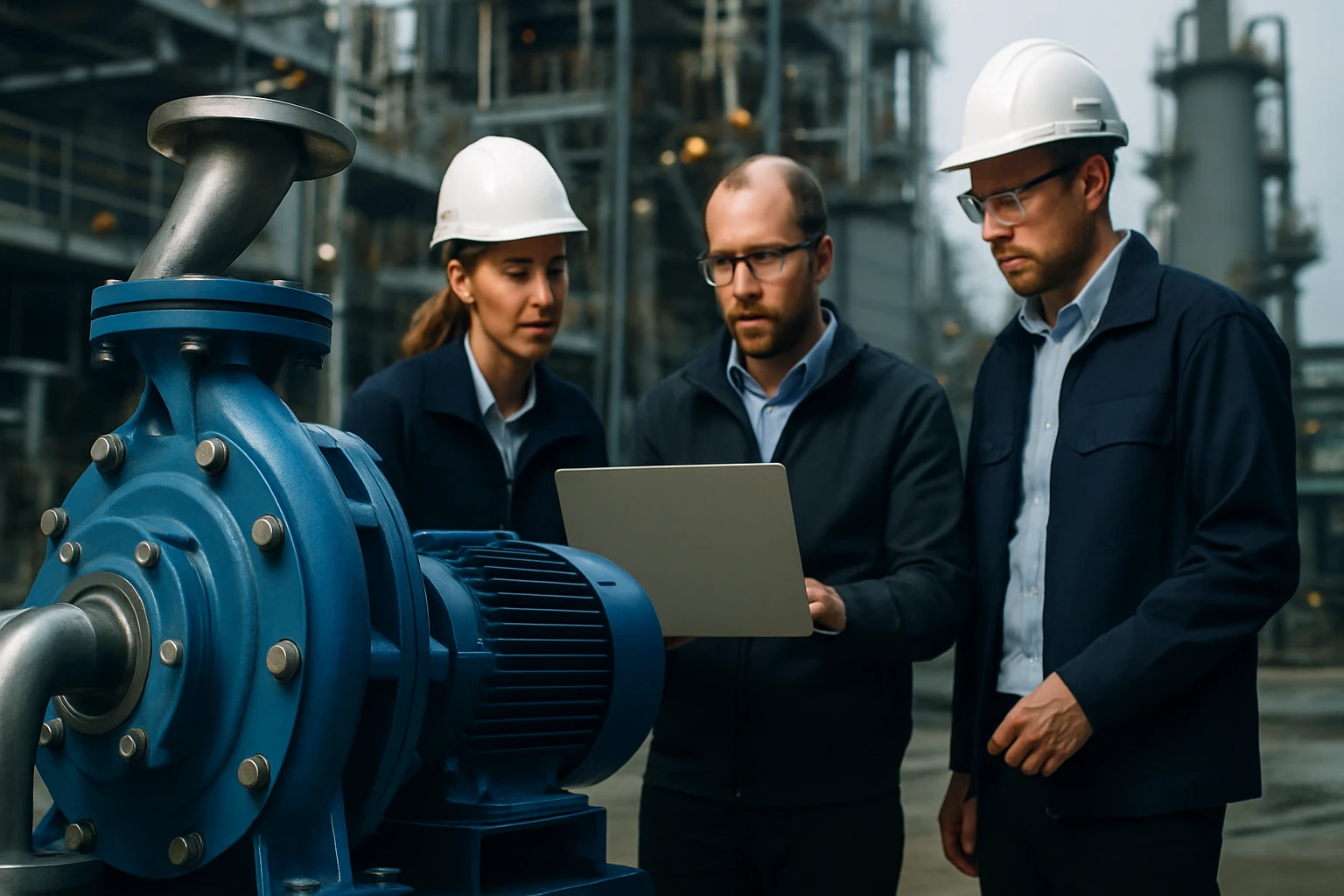 Három mérnök egy ipari környezetben, egy kék szivattyú mellett laptopot néznek.