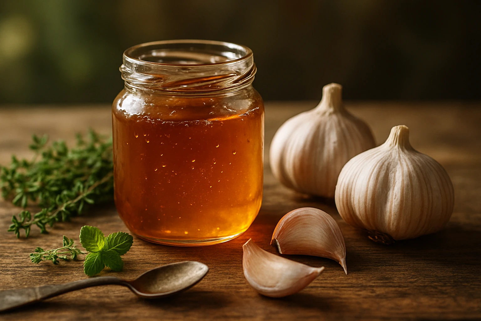 Egy üveg méz, friss fokhagymával és fűszernövényekkel díszítve, természetes háttér előtt.