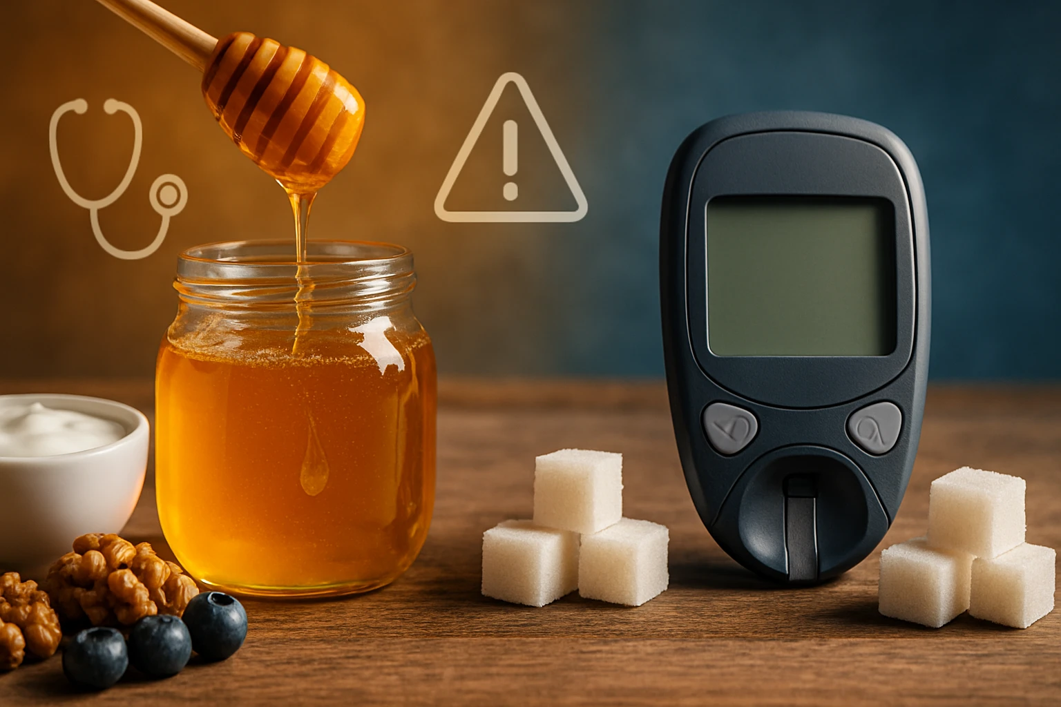 Egy üveg méz, mellette egy vércukormérő és cukorkockák, egészséges ételek társaságában.