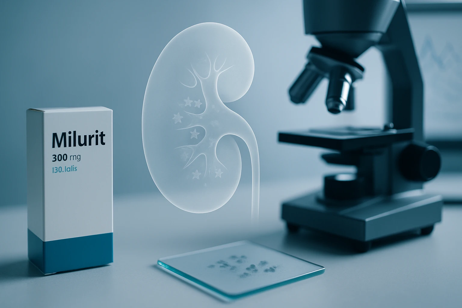Egy Milurit gyógyszer doboza mellett egy mikroszkóp és egy üveg lapon lebegő vesét ábrázoló grafika látható.