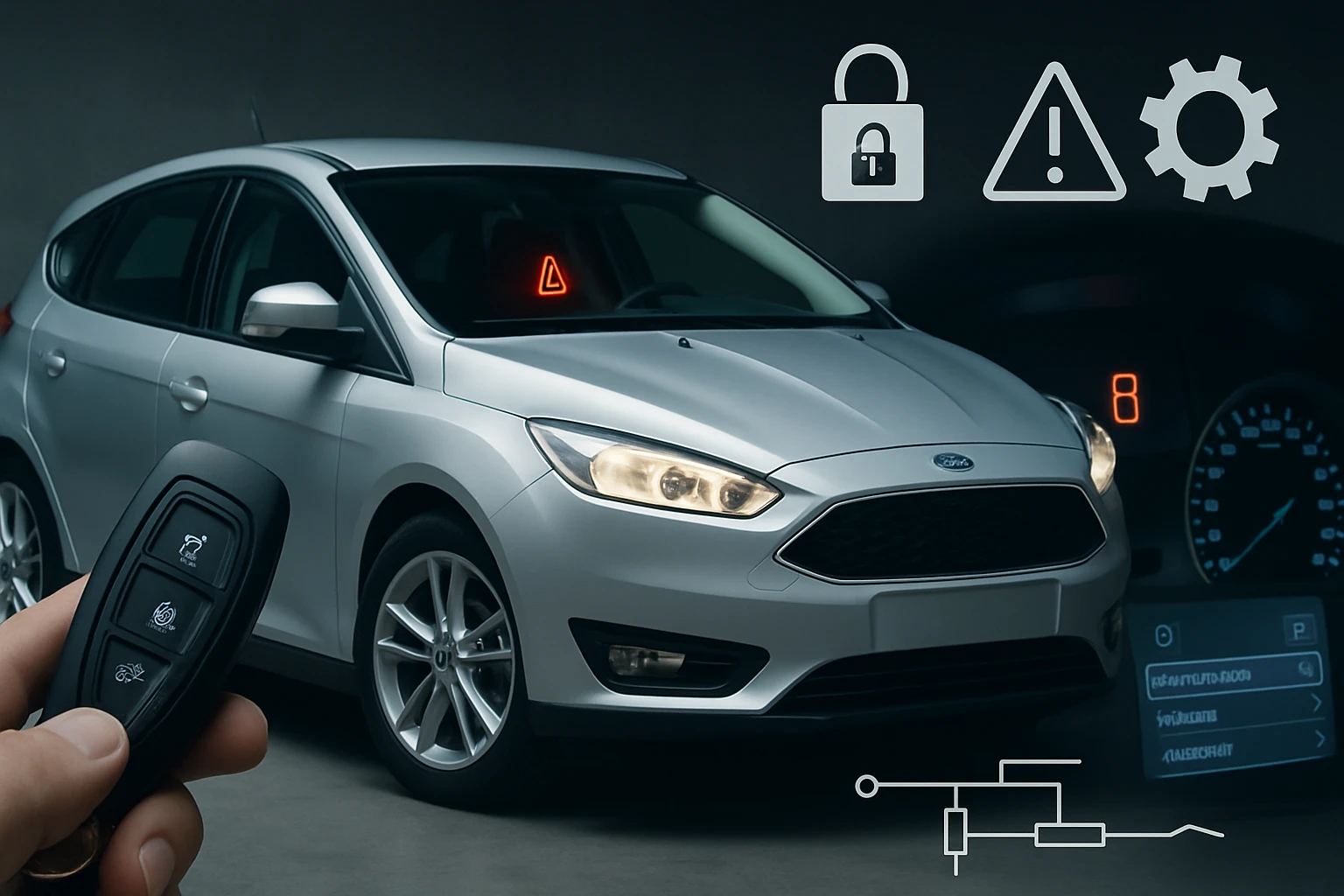 Egy ezüst színű Ford autó látható, amelynek kulcsa a kézben van, a háttérben figyelmeztető ikonokkal.