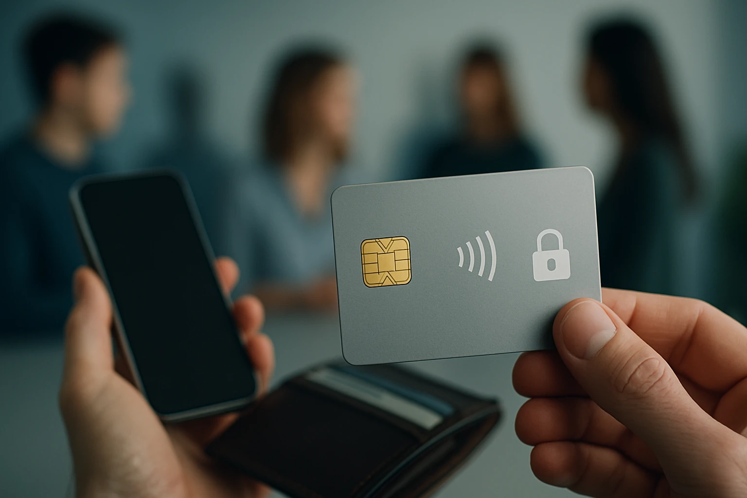 Egy kézben tartott bankkártya, amelyen érintés nélküli fizetés ikonja látható, háttérben emberek beszélgetnek.