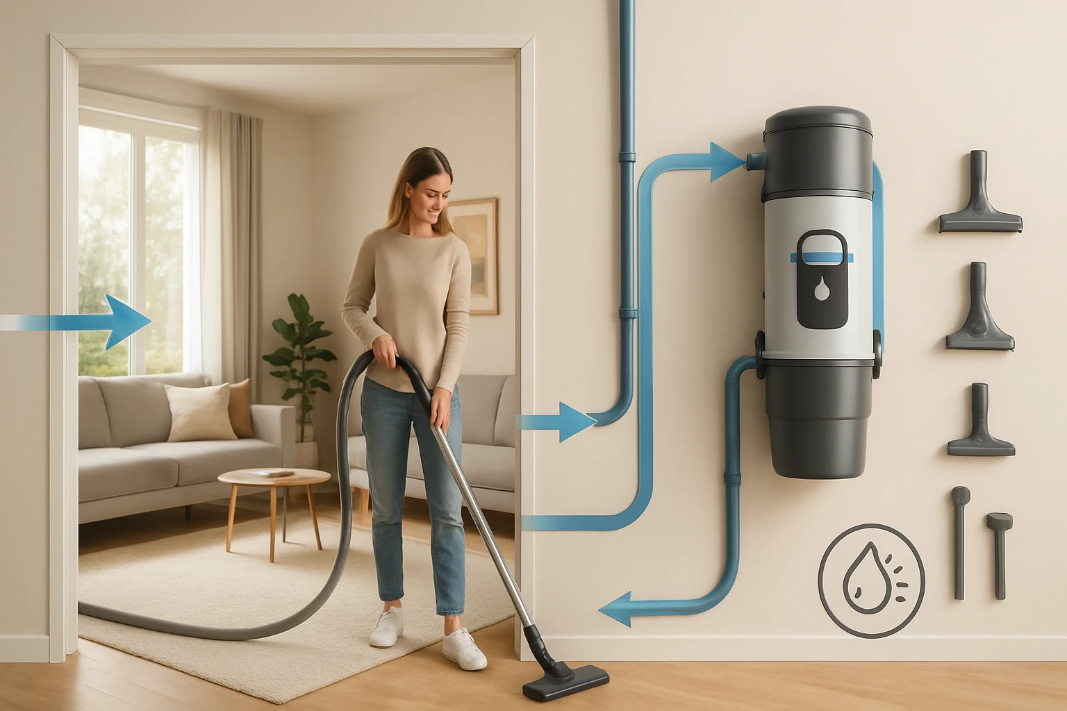 Egy nő porszívózik egy modern, beépített porszívóval egy világos nappaliban.