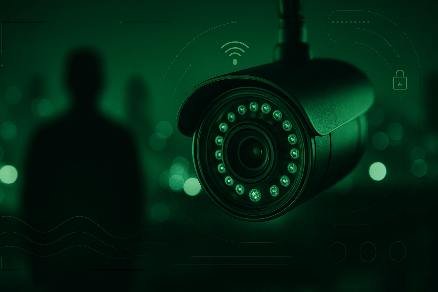 Egy biztonsági kamera zöld háttér előtt, háttérben homályos alakokkal.