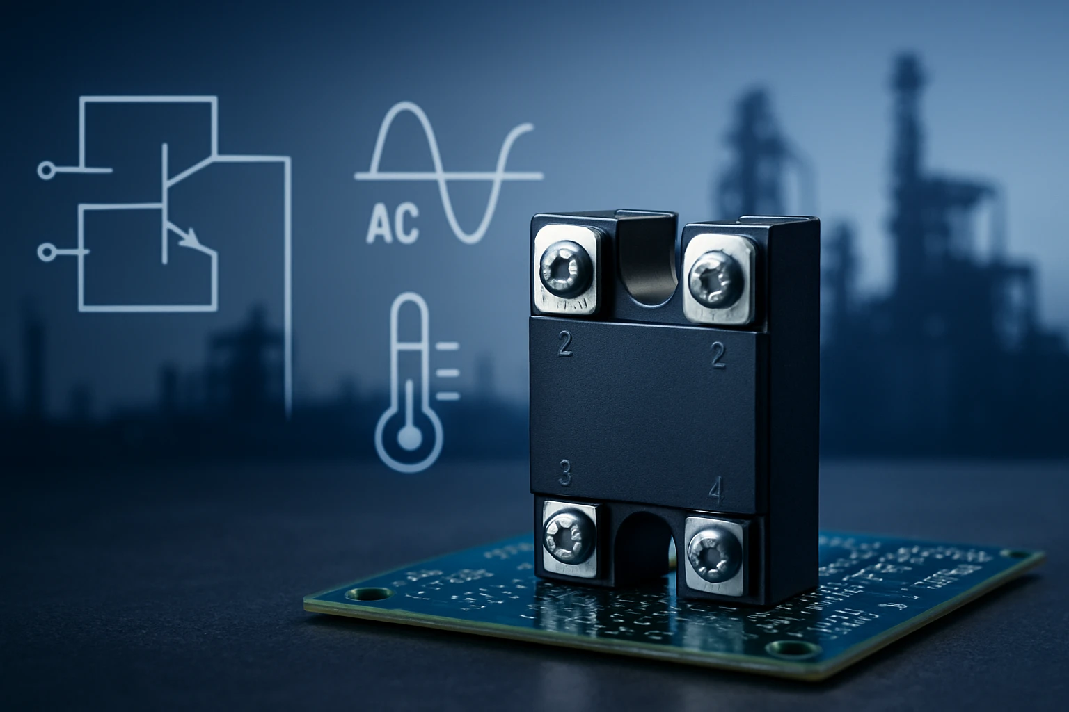 Egy elektronikai alkatrész, amely egy nyomtatott áramkörön helyezkedik el, háttérben ipari tájjal.