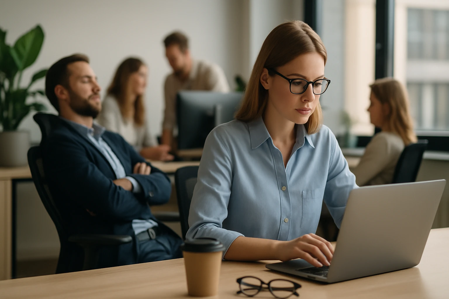 Egy fiatal nő dolgozik a laptopján egy modern irodában, háttérben kollégák.