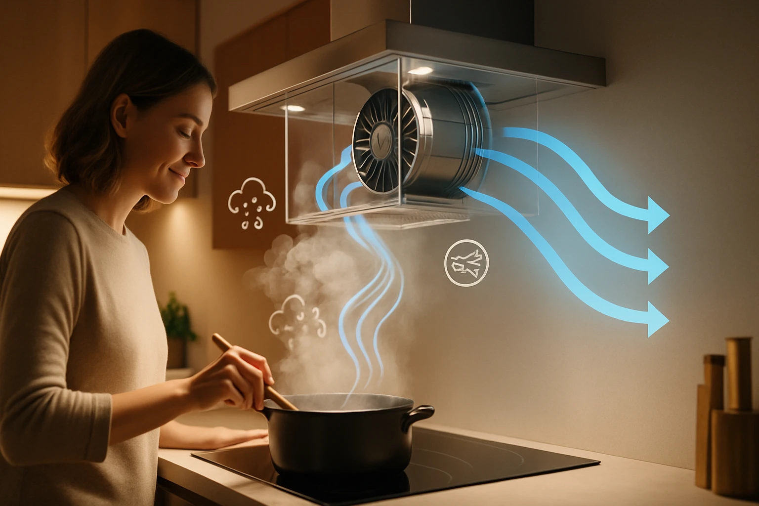 Egy nő főz a konyhában, miközben gőz emelkedik a fazékból, és egy modern szagelszívó működik felette.