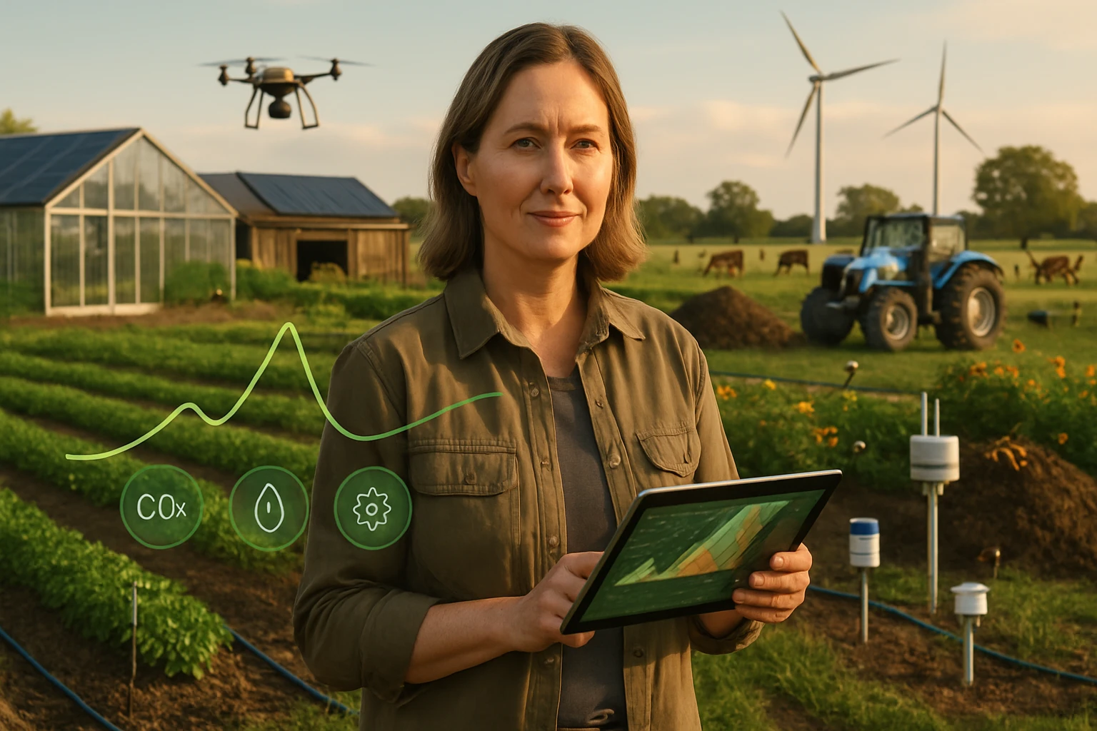 Egy nő a mezőgazdasági területen, táblagépen adatokat elemez, háttérben drón és szélkerék látható.