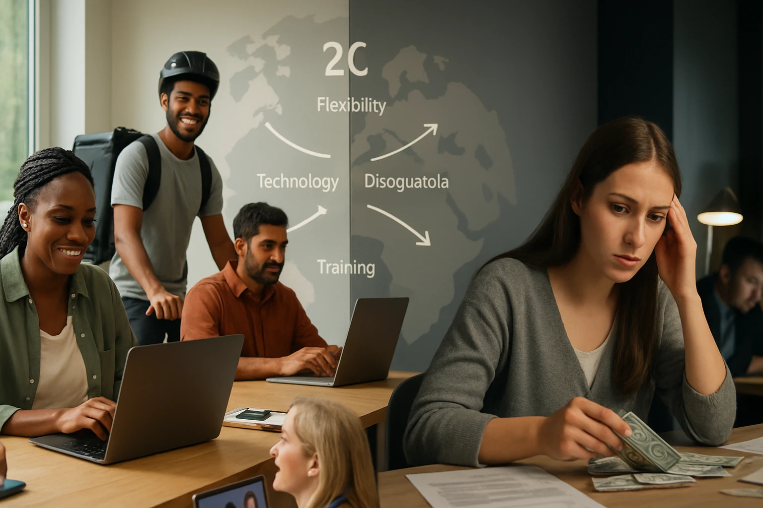 Egy modern irodai környezetben dolgozó emberek, akik számítógépeken dolgoznak, míg egy nő pénzt számol.