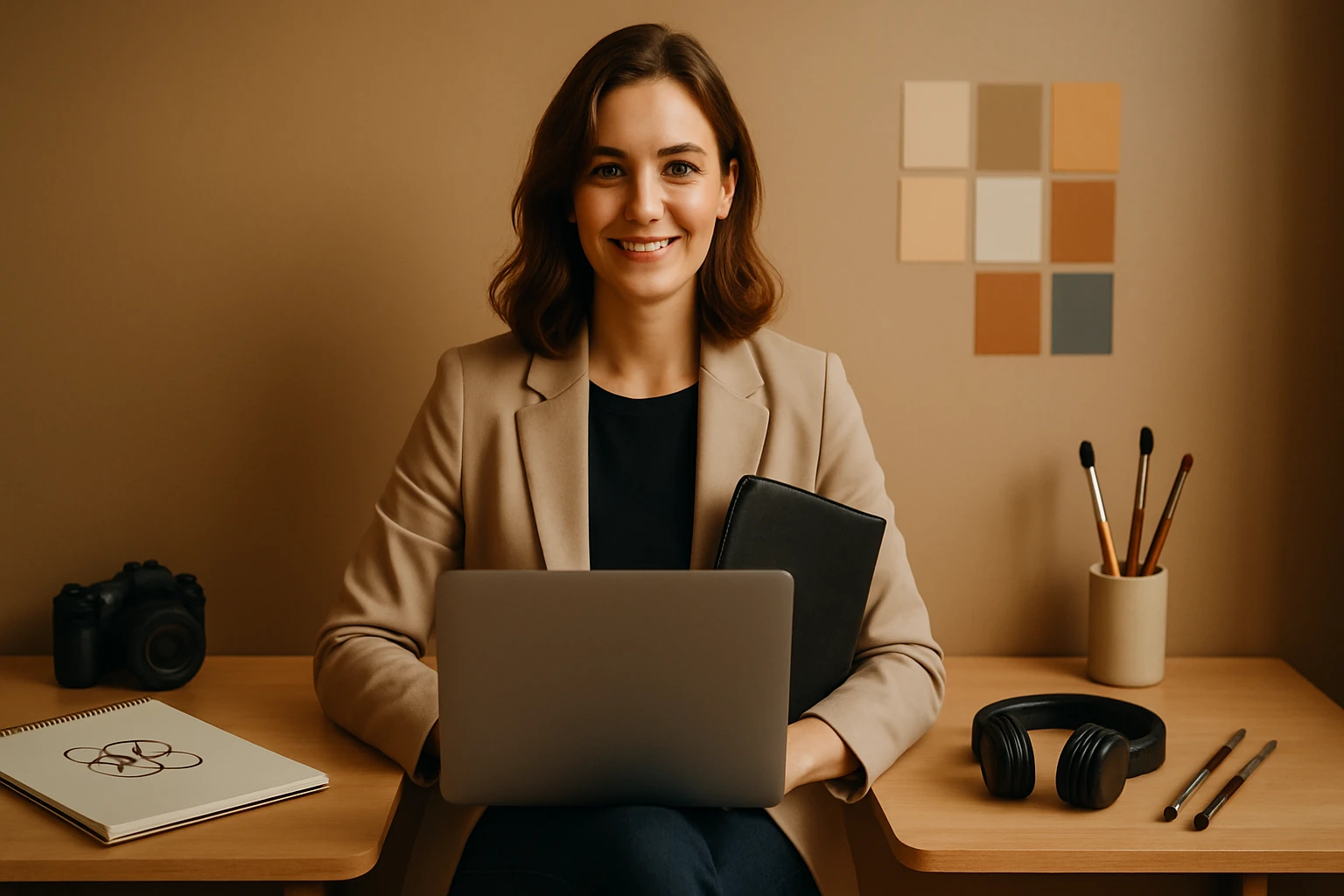 Egy fiatal nő ül egy íróasztalnál, laptopot használ, elegáns öltözetben.