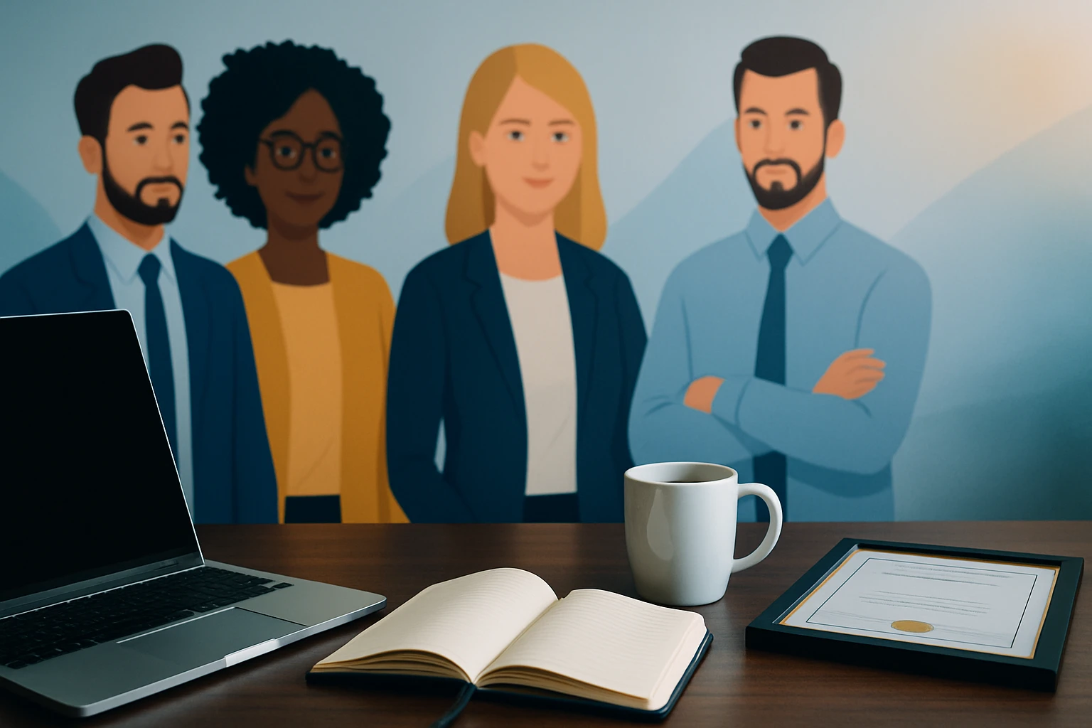 Egy laptop, jegyzetfüzet és bögre látható egy asztalon, háttérben négy stilizált figura.