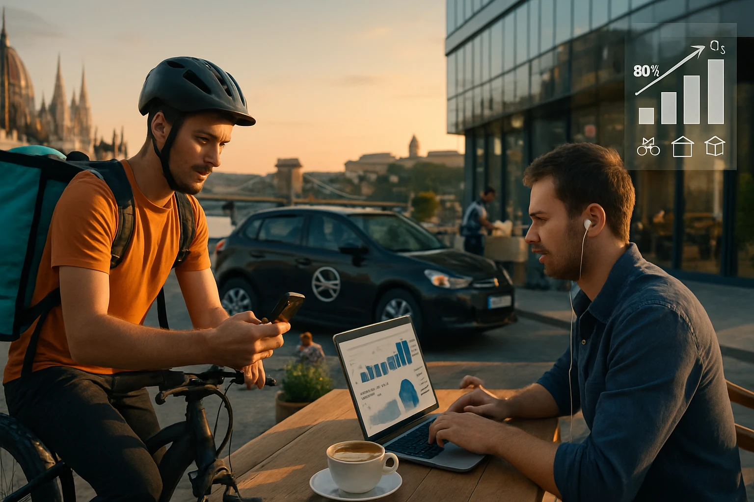 Két férfi egy kávézó teraszán, az egyik kerékpáros telefonozik, a másik laptopon dolgozik.