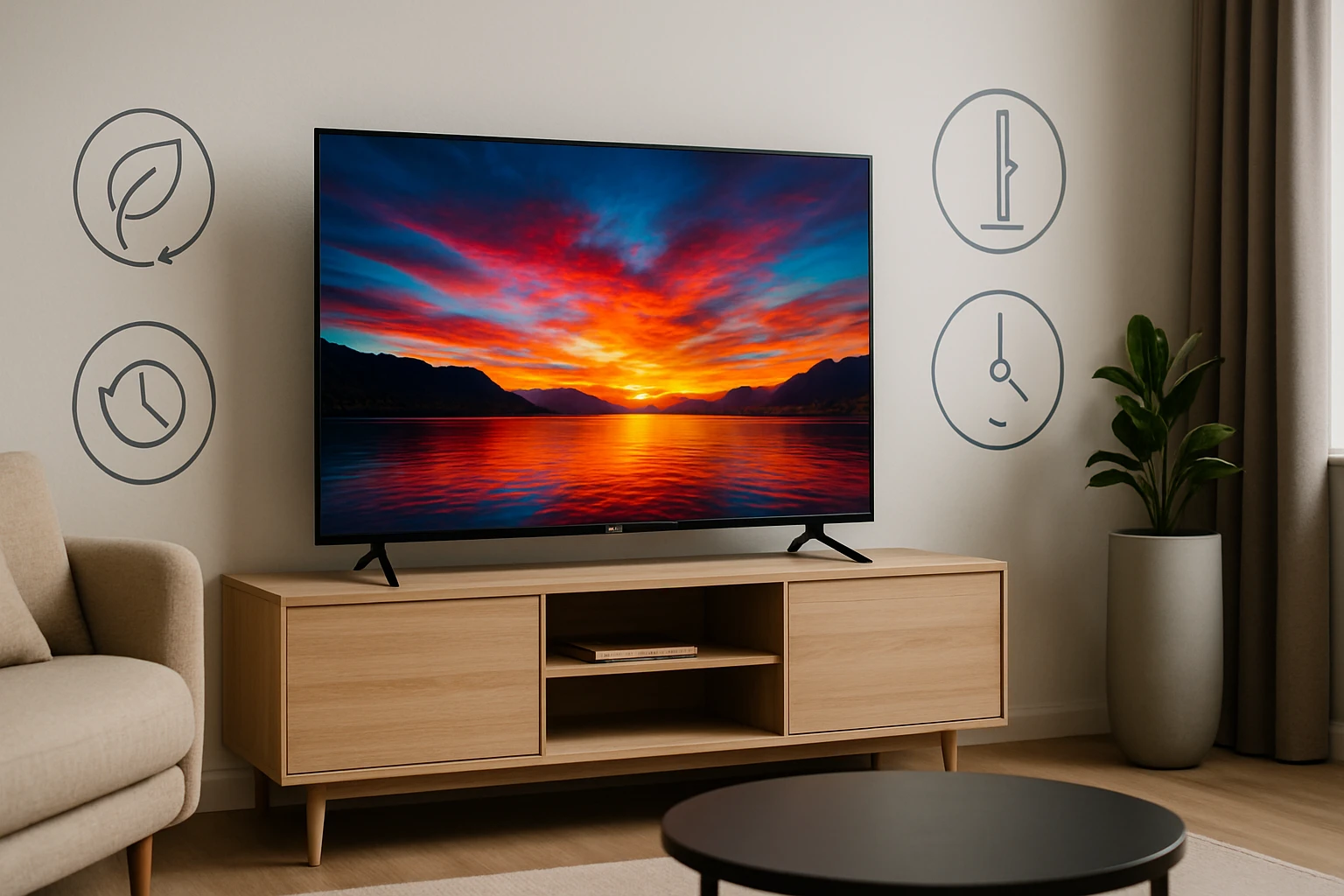 Egy modern nappali, ahol egy TV képernyőjén naplemente látható, a falon ikonokkal.