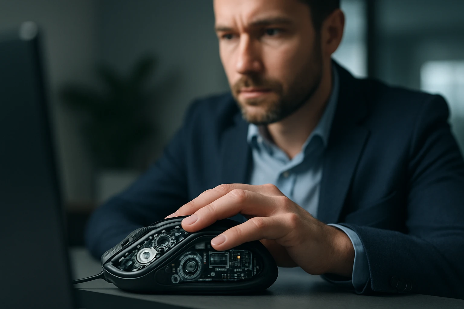 Egy férfi figyelmesen használ egy modern számítógépes egeret, miközben a laptopja előtt ül.