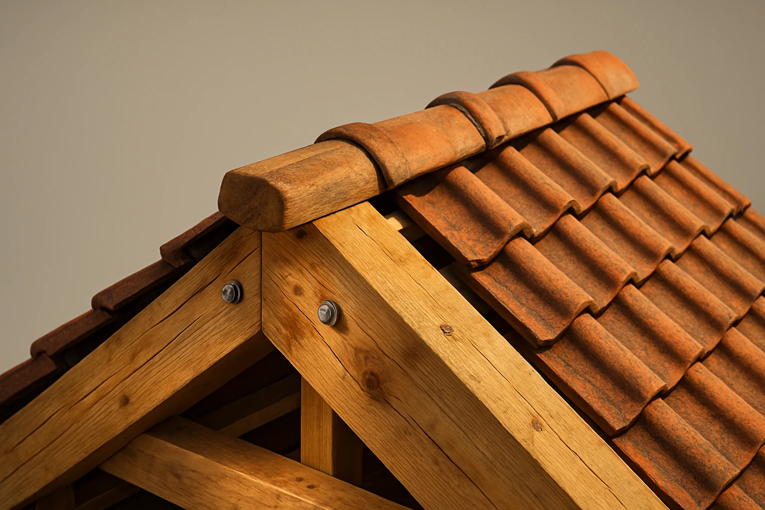 Egy tető részlete, vörös cseréppel és fa szerkezettel, modern építészeti stílusban.