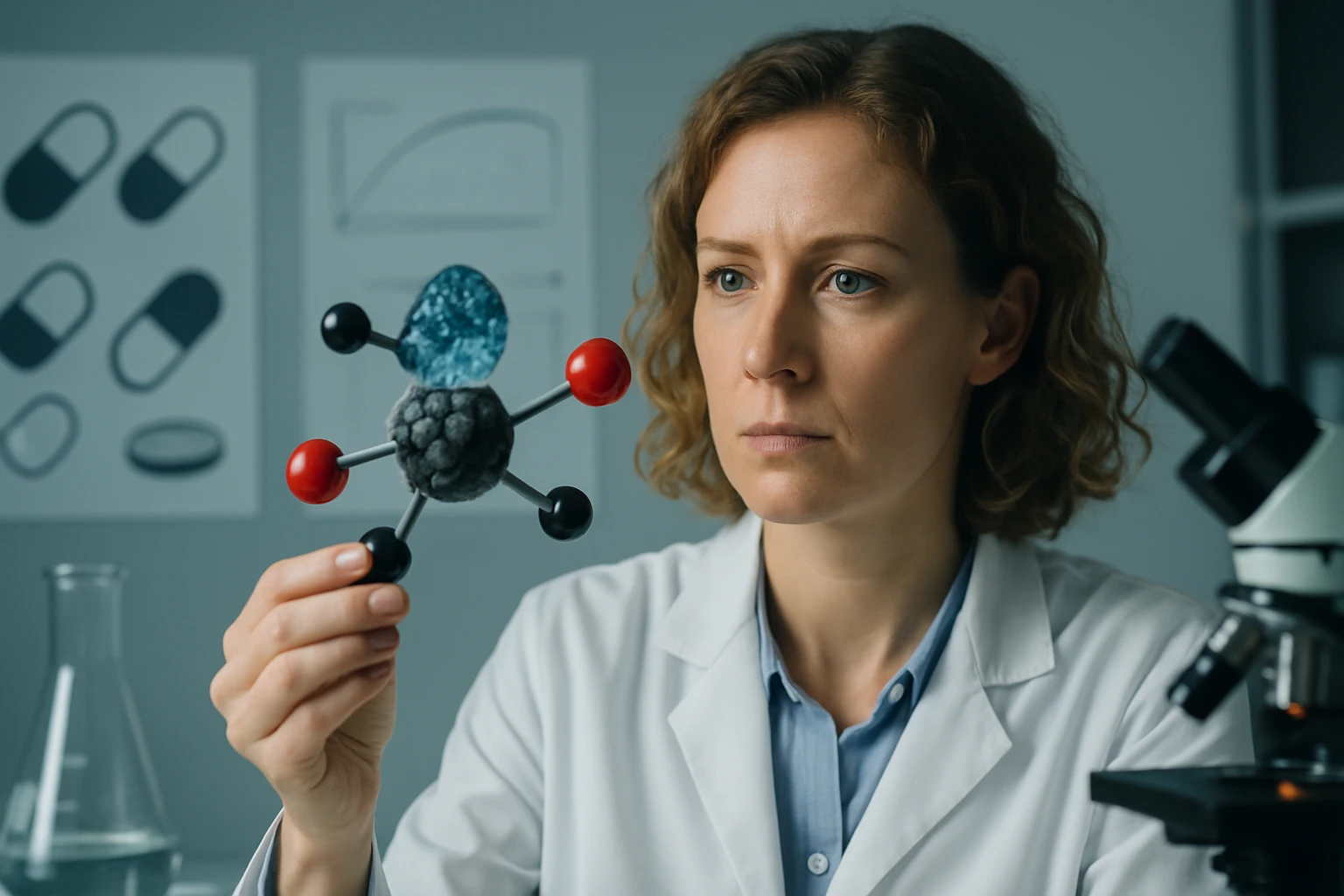 Egy laboratóriumban dolgozó nő, aki egy molekulamodelt vizsgál.