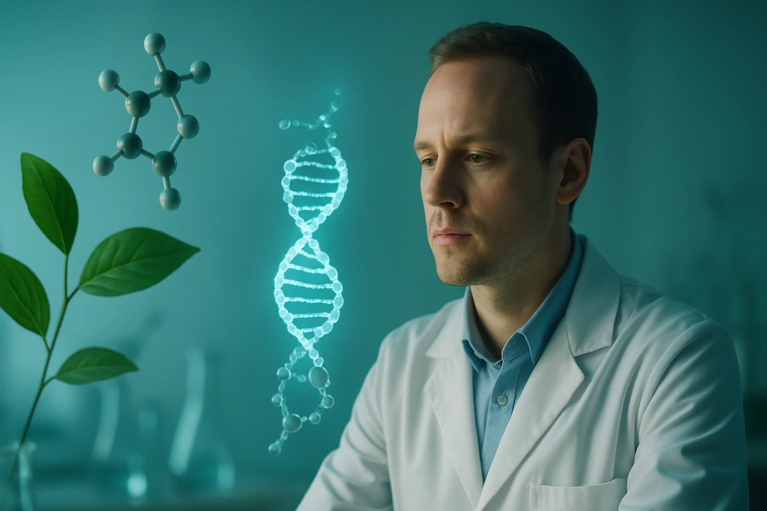 Egy laboratóriumban dolgozó tudós, aki a DNS és a növények molekuláris struktúráját tanulmányozza.