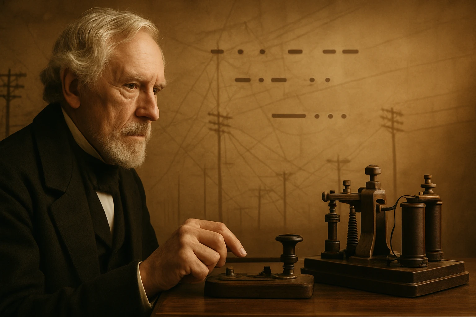 Egy idős férfi, aki Morse-kódot küld egy régi távíró segítségével.