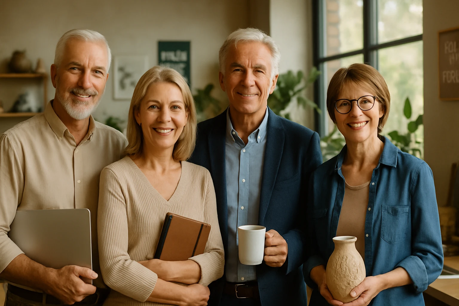 Négy felnőtt, mosolygó ember áll egy világos, növényekkel díszített helyiségben.