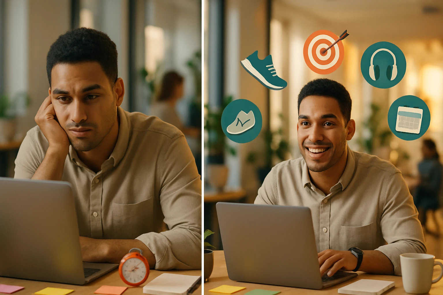 Egy fiatal férfi, aki a laptopján dolgozik, először szomorú, majd boldog arckifejezéssel.
