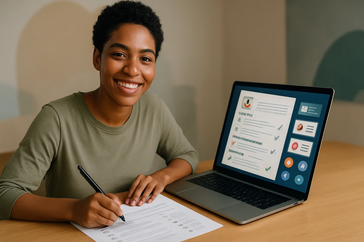 Egy fiatal nő mosolyogva ír egy papírlapra, miközben laptopja előtt ül.