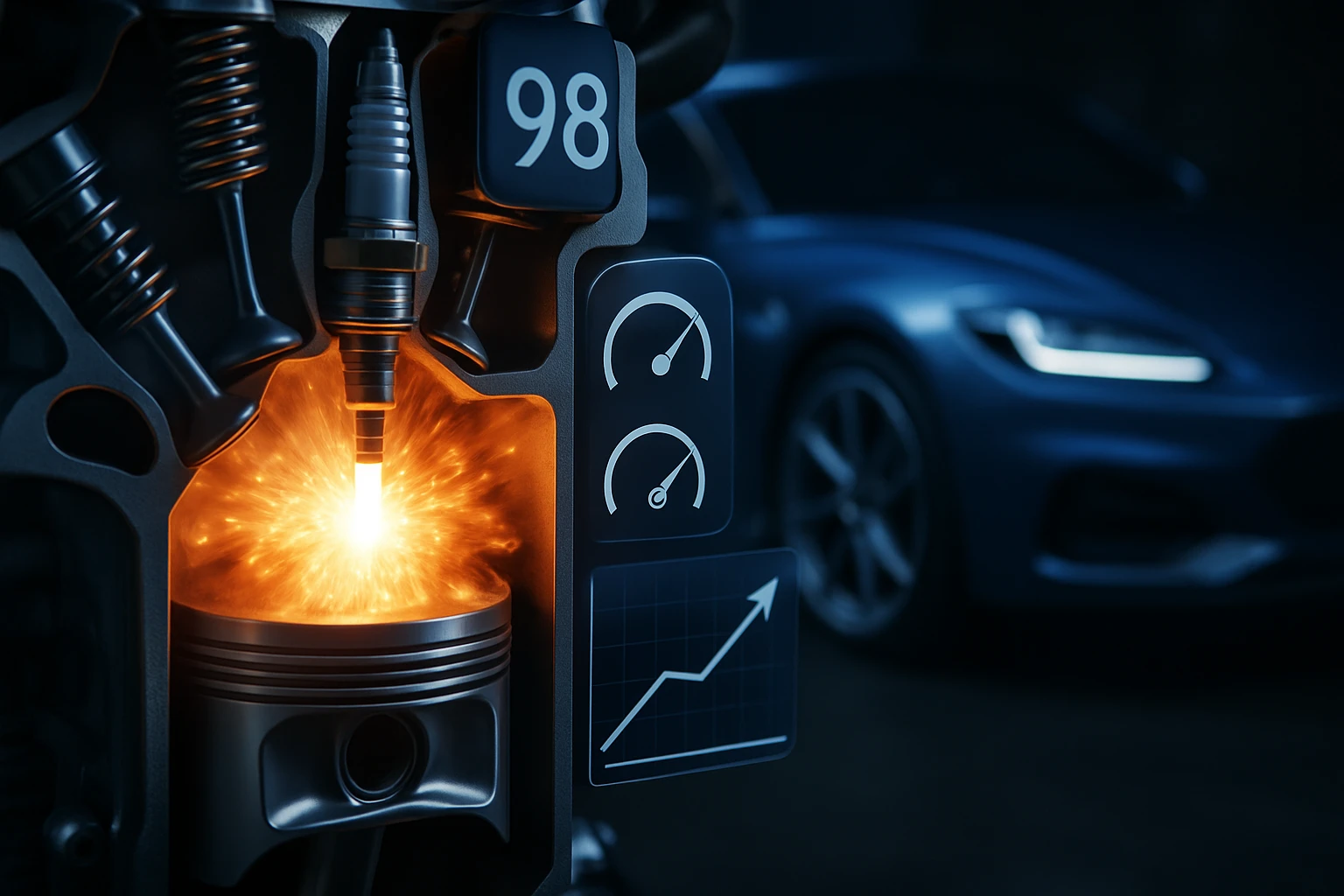 Egy motor belső égésű hengerének részlete, ahol látható a gyújtógyertya és a robbanás.