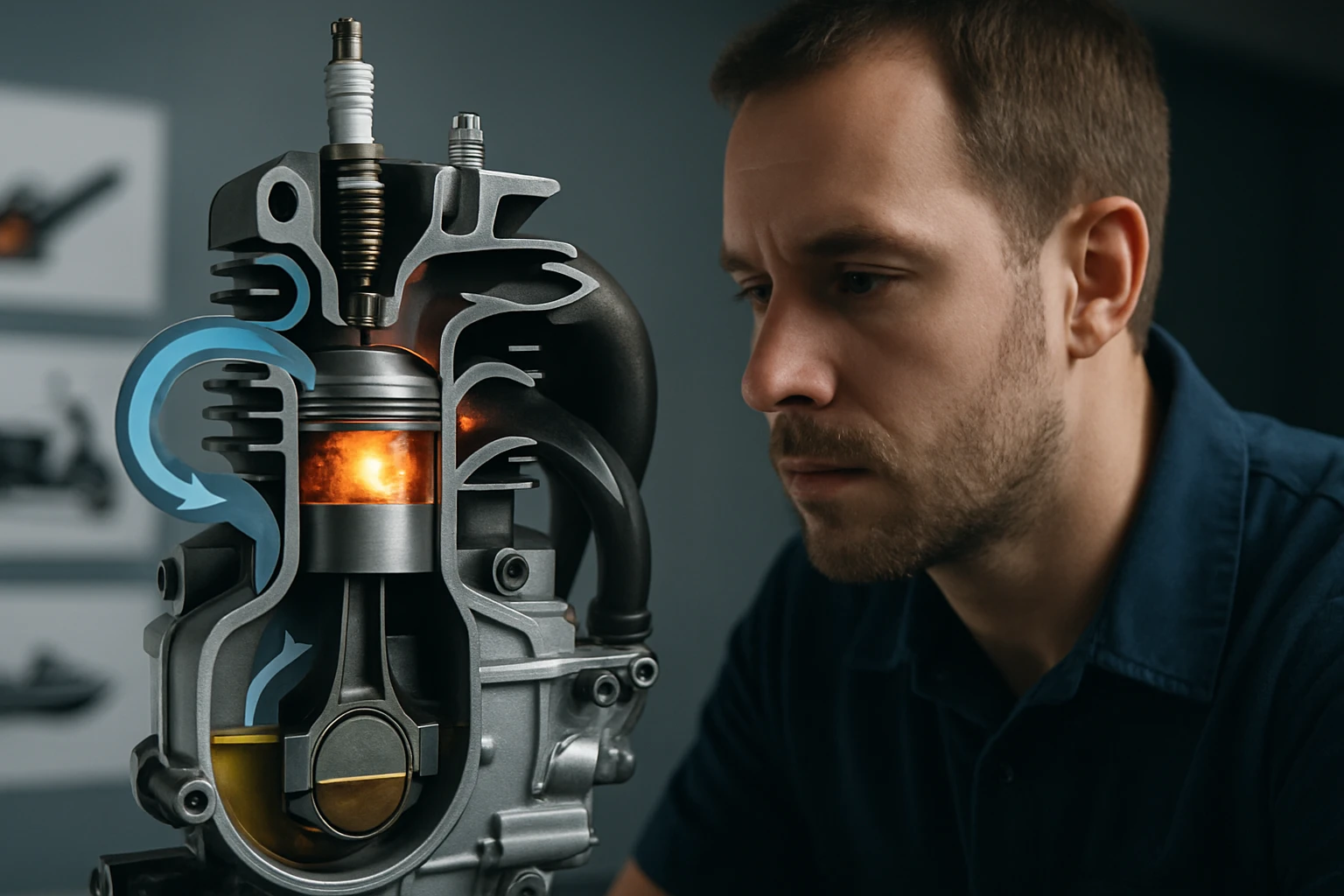 Egy férfi figyelmesen nézi a motor működését bemutató részletes modellt.