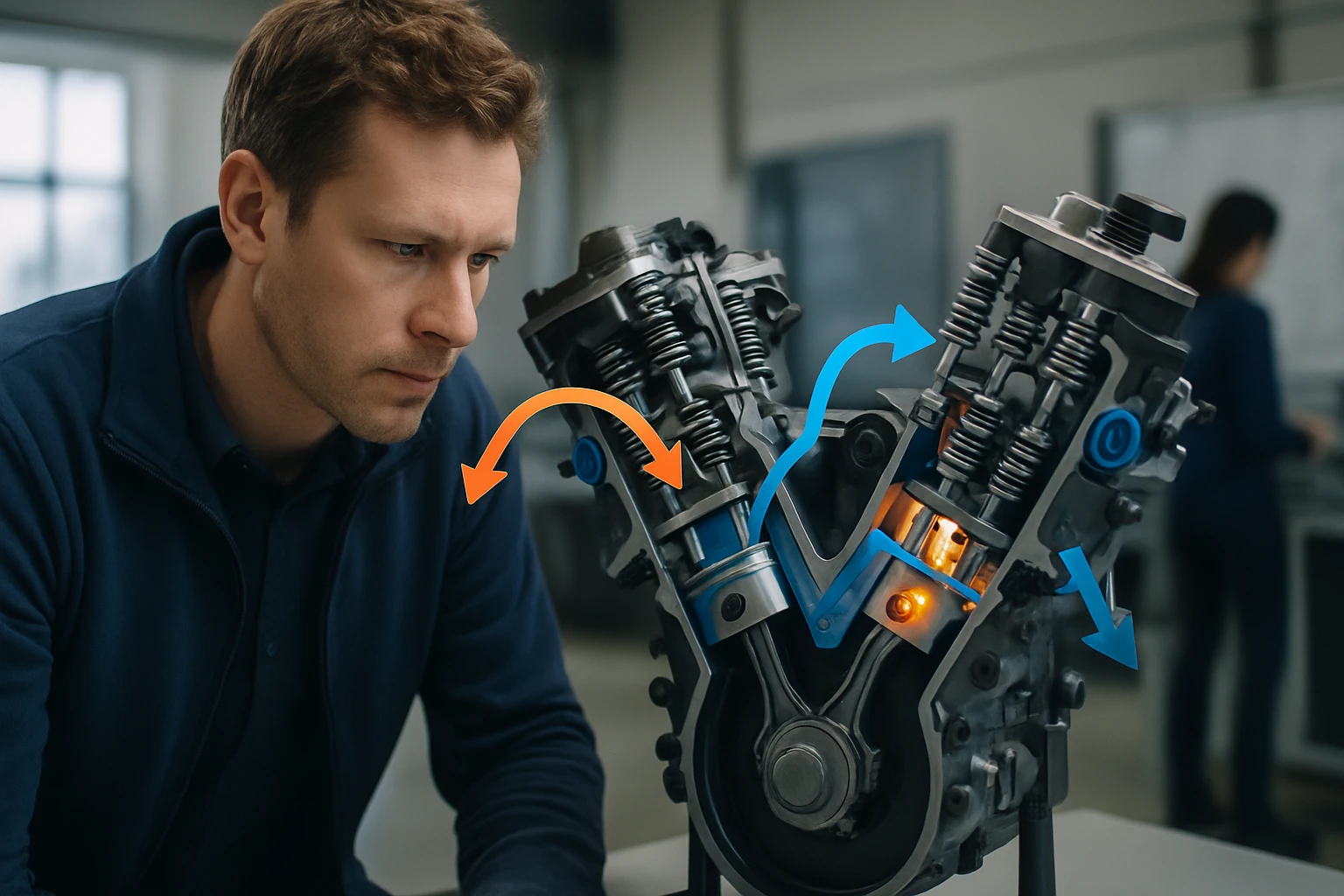 Egy férfi figyelmesen nézi a motor működését, amely részletesen bemutatja a dugattyú és szelepek mozgását.